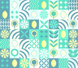 Lemon minimalistic geometric background. Vector abstract style pattern. Bauhaus trend. Abstract illustration of lemon, leaves, symbols. Simple icon.	
