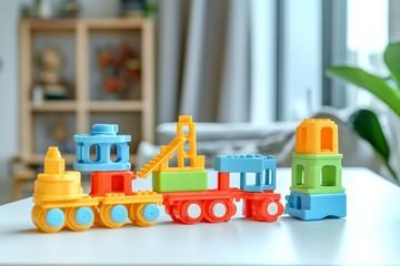 Fototapeta premium Colorful interlocking plastic building blocks forming a complex toy structure on a white table