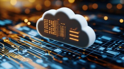 A stylized cloud icon with digital data display rests on a circuit board surface illuminated with warm glowing light for technology concept.