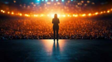 Silhouette of a confident woman standing on stage giving a speech to a large ence under bright stage lights du a conference or event.