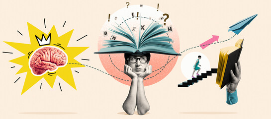 Creative collage including various elements: brain with crown, head with open book, career ladder.