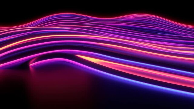 Futuristic glowing neon lines creating an abstract data transfer effect during a digital landscape visualization, Curved glowing neon lines Futuristic data transfer and storage Seamless 3D render