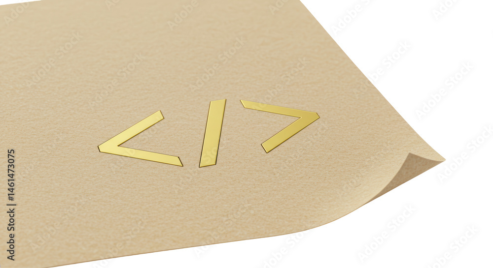 Poster isolated golden coding symbols on beige paper with folded corner