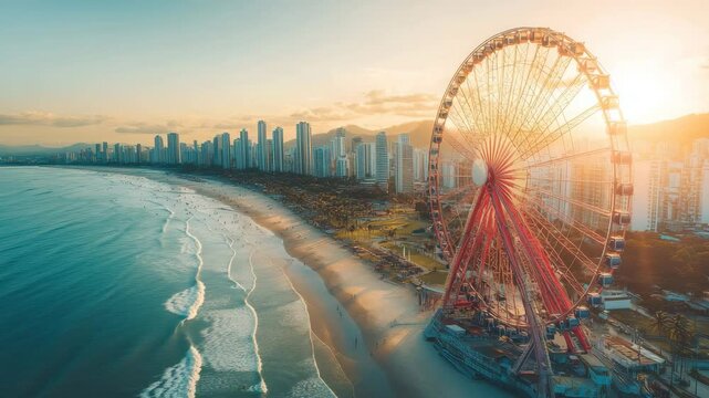 Stunning aerial view of Balneario Camboriu with the iconic Ferris wheel and picturesque coastline at sunset, Aerial of Balne&Atilde;&iexcl;rio Cambori&Atilde;&ordm; city and famous Ferris wheel of Balne&Atilde;&iexcl;rio Cambori&Atilde;&ordm;