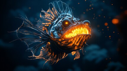Glowing Anglerfish in the Deep Sea Darkness of the Ocean Depths