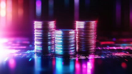 Three stacks of silver coins stand on a reflective surface illuminated by neon lights suggesting modern finance and digital currency concepts.