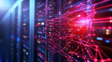 A vibrant depiction shows interconnected network servers with pulsing red light, illustrating advanced data communication and infrastructure.