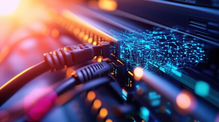 Close up of network cables connected to a server with a glowing digital brain visualization representing data processing and connectivity.