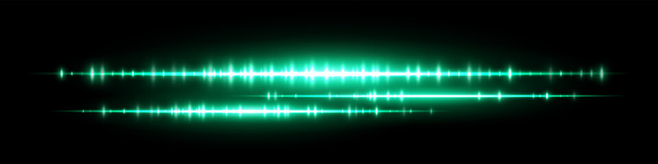 Glowing green soundwave with dual waveform lines and intense light peaks on black background. Suitable for audio visualization, podcast player, music track or signal analysis design.