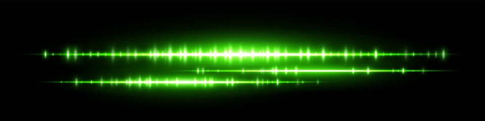 Glowing green soundwave with dual waveform lines and intense light peaks on black background. Suitable for audio visualization, podcast player, music track or signal analysis design.