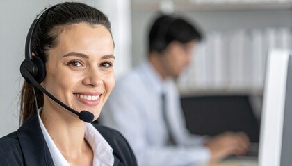 A vibrant and professional American customer care representative is seen smiling warmly while wearing a sleek headset in a modern office setting.