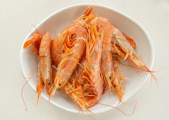 Fresh Boiled Shrimp in White Bowl on White Background