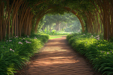 Serene Garden Pathway Through Bamboo Tunnel for Nature Relaxation Designs