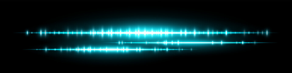 Bright blue audio waveform with dual frequency bands and glowing shine. Ideal for podcast visuals, sound signal analysis, equalizer interface or electronic music display.