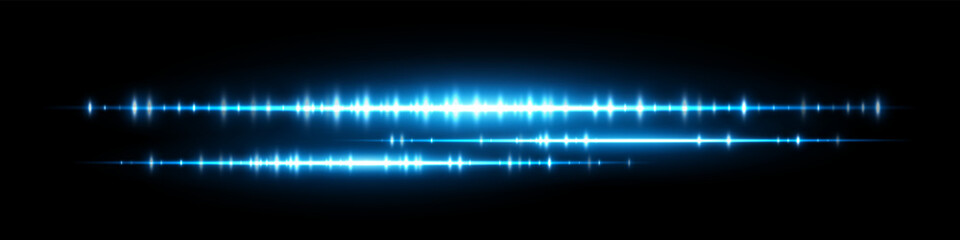 Bright blue audio waveform with dual frequency bands and glowing shine. Ideal for podcast visuals, sound signal analysis, equalizer interface or electronic music display.