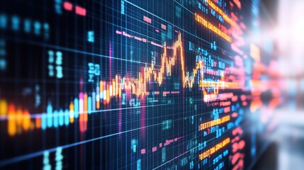An abstract representation of financial market data with glowing lines and grid, showing trends and analysis on a modern display panel screen.
