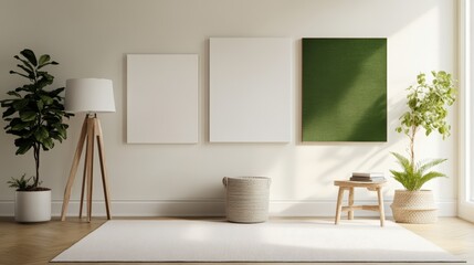 Fototapeta premium Three blank s art pieces hang over a rug in a bright minimalist living room with plants and a lamp creating a cozy home environment.
