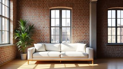 Loft apartment interior, exposed brick walls, large industrial windows, white modern sofa, warm sunlight, wooden floors