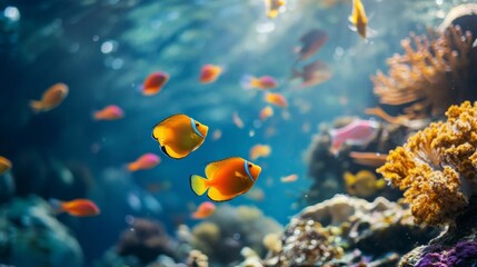 Naklejka premium Vibrant Tropical Fish Swimming in Clear Underwater Scene