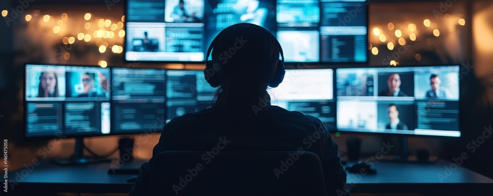 Poster person in headphones working at multiple computer screens in a dimly lit room. virtual teams in remo