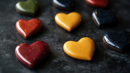 Obraz premium Delicious colorful heart shaped chocolate cookies sweet treats red food love dark blue life candy