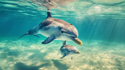 Fototapeta premium Touching Moment of Mother Dolphin Swimming with Her Calf