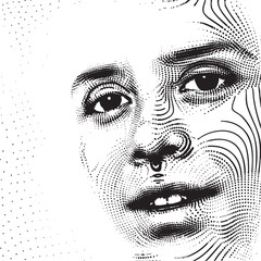 A young woman's face is depicted with intricate dot