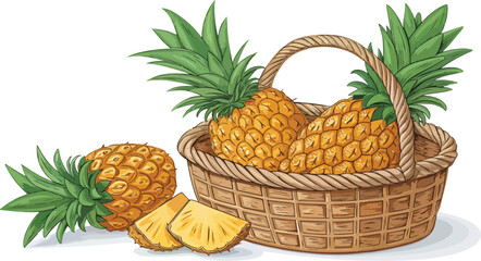Pineapple in wicker basket with pineapple slice in white background vector design, Pineapple vector design