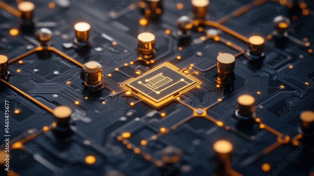 Poster an intricate close up of a detailed circuit board with golden connectors and glowing pathways creati