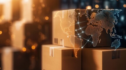 Boxes with world map overlay suggest global trade and international shipping logistics with interconnected network for supply chain efficiency.