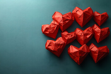 Origami Red Hearts on Teal Canvas - Valentine's Day Design for Cards and Posters