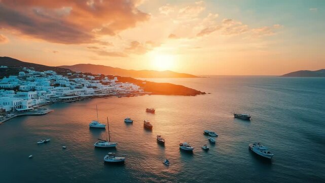 Trendy and cozy Mykonos island harbor with sunset views and sailing boats, Mykonos island harbor aerial view Trendy and cozy travel destination in Greece
