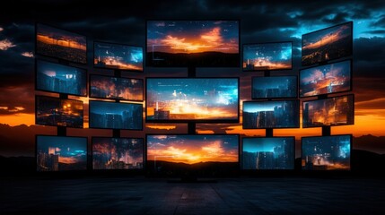 Multiple monitors display a vibrant sunset over a futuristic cityscape, creating a captivating digital art installation at twilight hour.