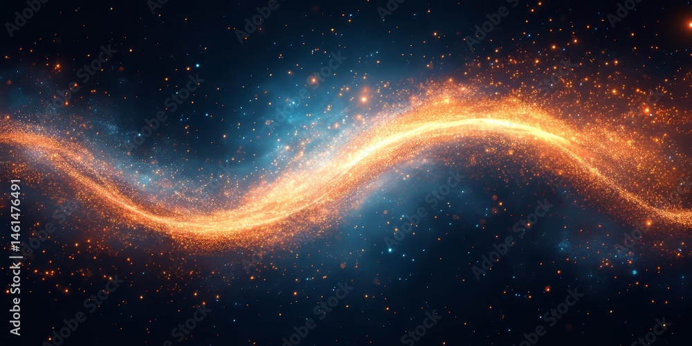 Poster abstract glowing golden and blue particle wave on a dark background with sparkling stars. motion.