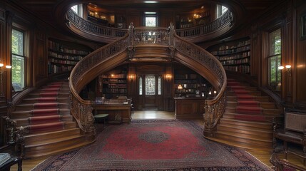 Intricate double spiral staircase in a grand library interior.