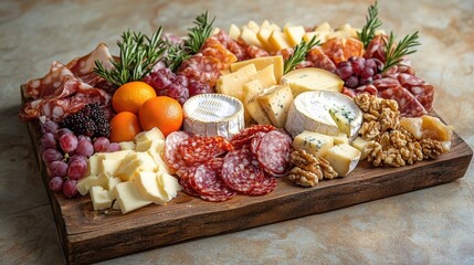 Rustic wooden platter with charcuterie, cheese, meat, seasonal fruit