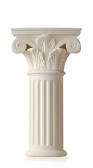 Ancient greek Classical white column with intricate Ionic isolated on white background

