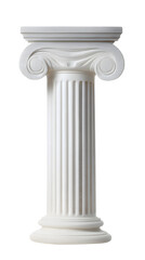 Ancient greek Classical white column with intricate Ionic isolated on white background
