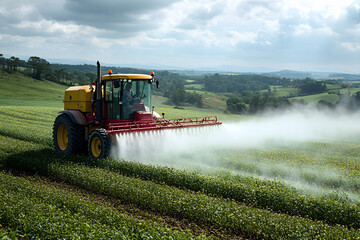 Fototapeta premium Agricultural Machinery in Action: Tractor Spraying Fertilizer on Verdant Field for Enhanced Crop Yield