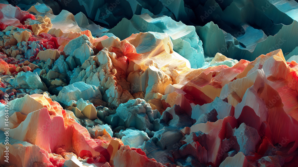 Poster abstract image of textured, colorful mountains in teal, orange, and red hues, creating a dynamic and