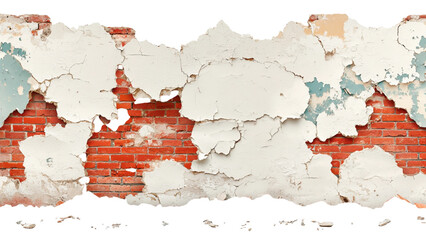 Png of Close-up of a weathered wall featuring peeling paint, revealing brick underneath.
