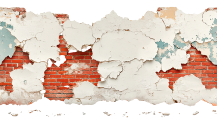 Png of Close-up of a weathered wall featuring peeling paint, revealing brick underneath.