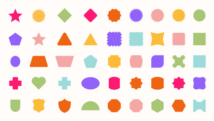 Collection of colorful abstract geometric shapes and creative frames in retro and playful style. Includes labels, badges, borders, and decorative elements. Isolated vector set.