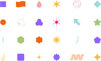 Collection of colorful abstract geometric shapes and creative frames in retro and playful style. Includes labels, badges, borders, and decorative elements. Isolated vector set.