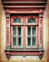 Obraz premium Vintage Postcard Style of Traditional Russian Wooden Shutters
