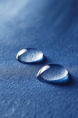 Two water drops on blue metallic surface, showcasing the hydrophobic effect and surface tension.