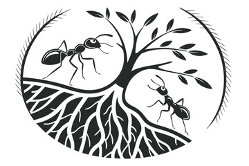 92 Black and white illustration, two ants facing each other, circular landscape, underground view, plant roots, minimalist design, woodcut style, contrast, symmetry, nature symbolism, micro and macro 