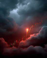 Glowing red candlestick chart dropping steeply into storm clouds representing financial crash and extreme market volatility
