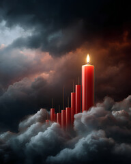 Glowing red candlestick chart dropping steeply into storm clouds representing financial crash and extreme market volatility
