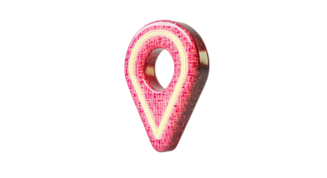 Png of A vibrant pink neon location pin symbol glowing against a dark background, perfect for digital navigation themes.